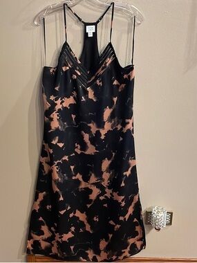 Satin Black & Peach Abstract Slip Midi Dress with Spaghetti Straps